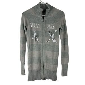 Armani Exchange S Grey Striped Zip Up Mock Neck Sweater Long Sleeve Sparkle Logo